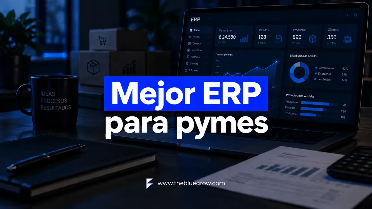 Mejor ERP para pymes: portátil con el panel de un ERP con ventas, pedidos, productos y clientes sobre un escritorio