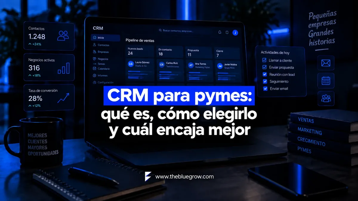 Mejores CRM para pymes: portátil con el pipeline de ventas de un CRM, contactos, negocios activos y tareas del día