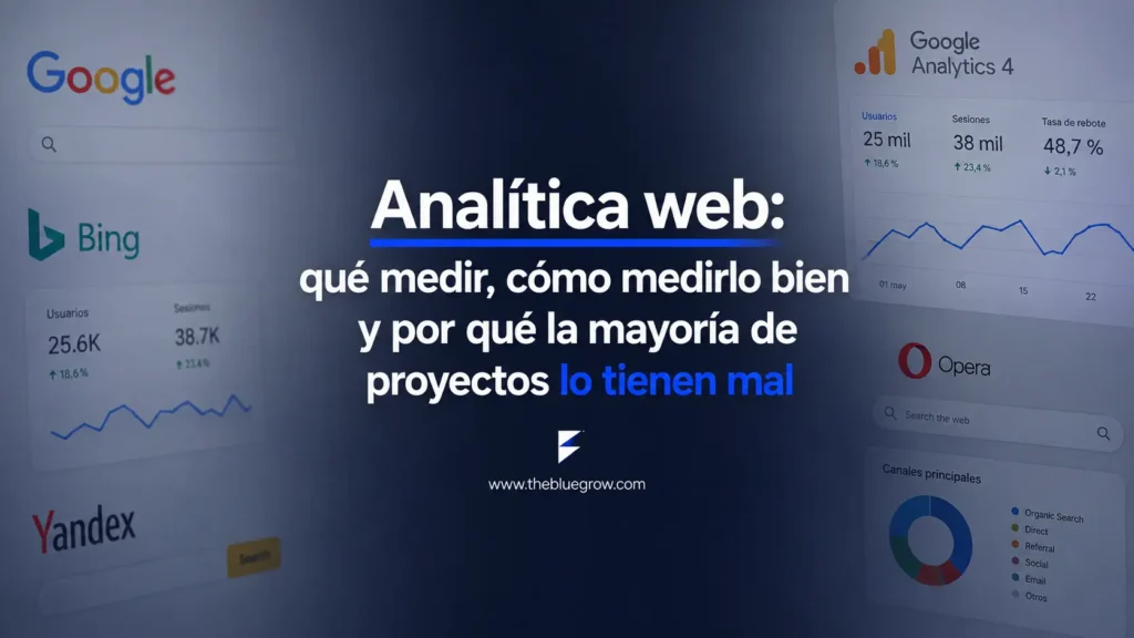 Comparativa visual de un sistema de analítica web: a la izquierda, un navegador de google y conectores activos hacia iconos de usuario, carrito y conversión, representando datos limpios y fiables. A la derecha, un panel con las gráficas de google search console, en azul, simbolizando eventos duplicados, conversiones sin valor y tracking roto. Ilustración digital flat/isométrica sobre fondo blanco marino con grid tecnológico sutil.