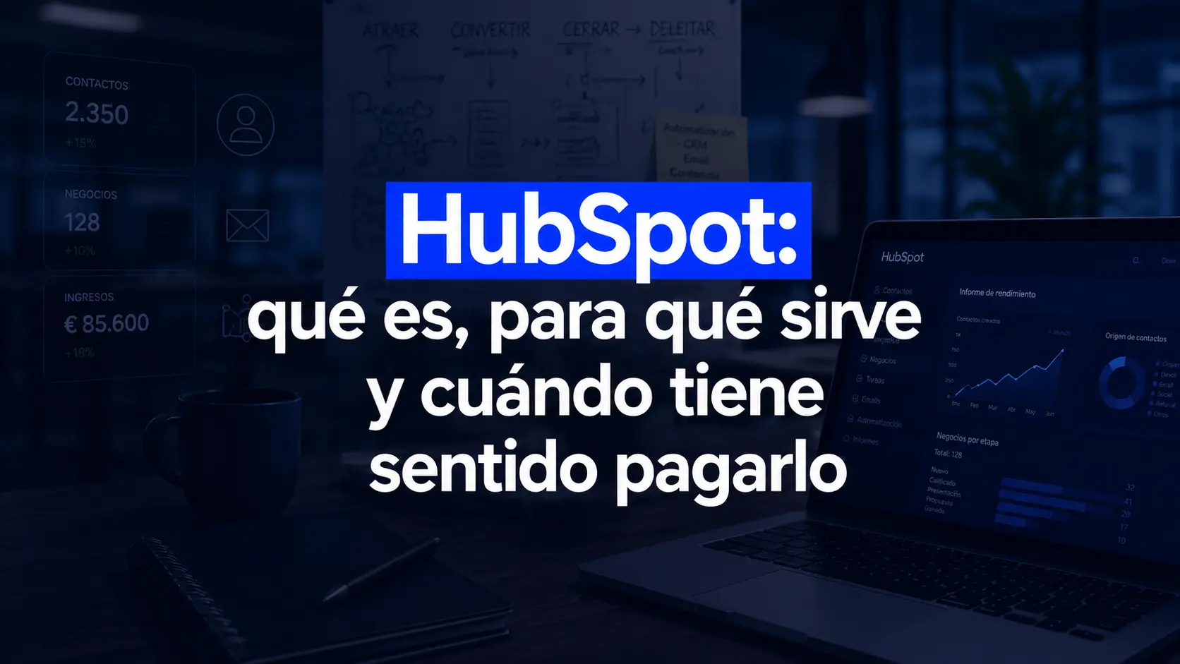 Portátil con panel de HubSpot, métricas de rendimiento y datos de CRM sobre contactos, negocios e ingresos