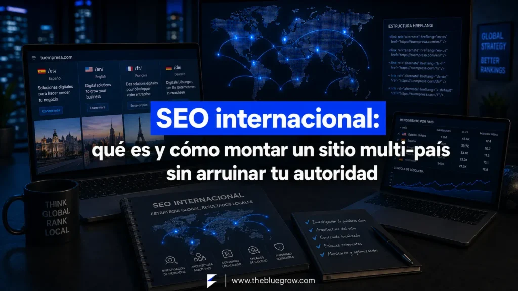Sitio web multilingüe con mapa global, estructura hreflang y métricas por país para representar el SEO internacional