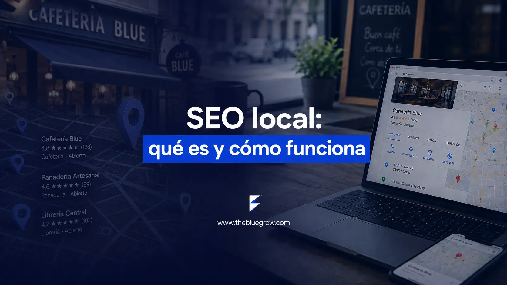 Cafetería junto a un portátil con ficha de Google y mapa de ubicaciones para representar el SEO local