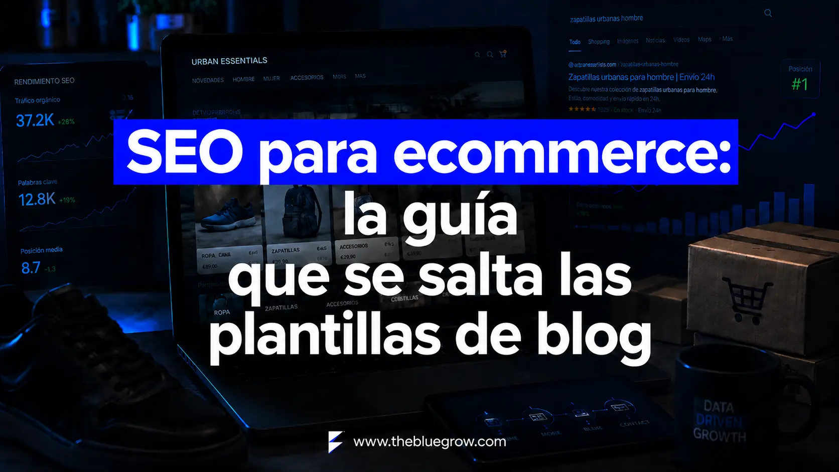 Tienda online en un portátil con métricas SEO, resultados de Google y gráficos de posicionamiento orgánico